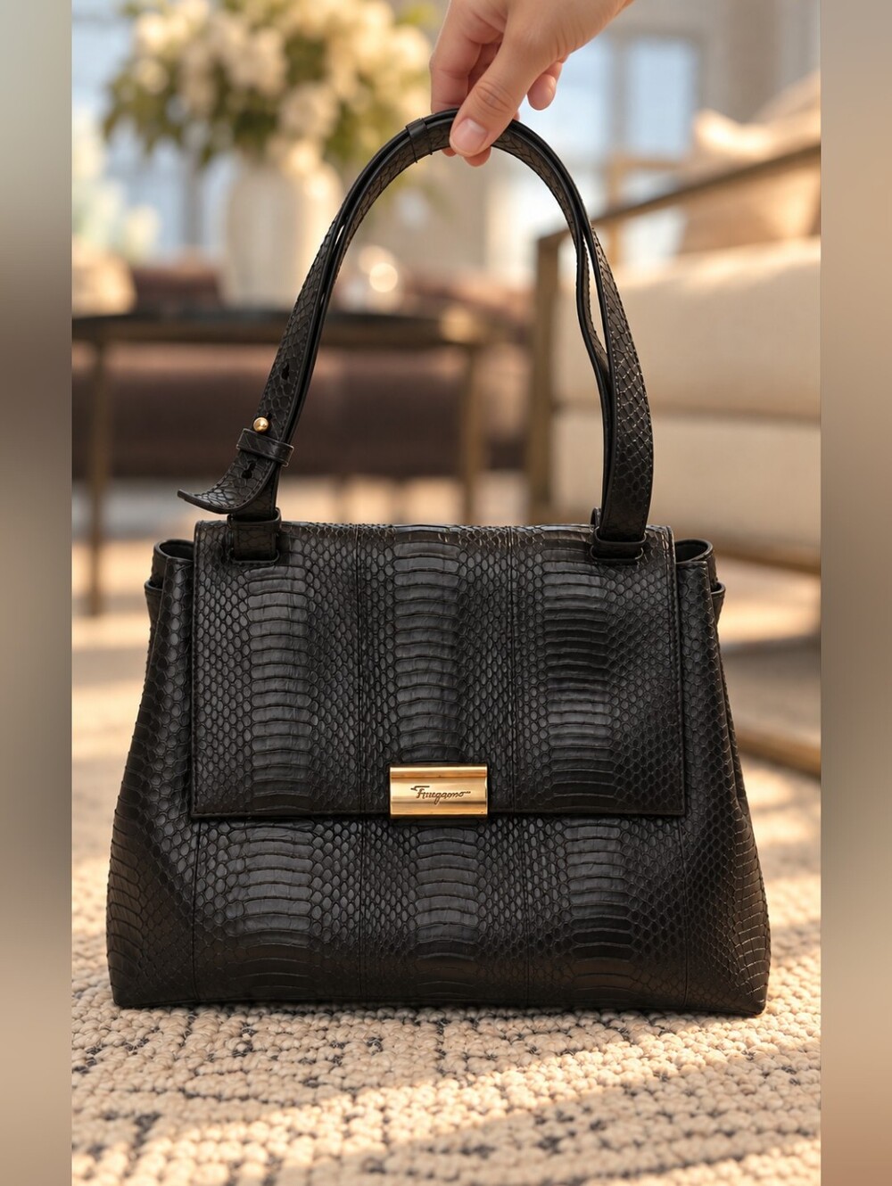🌟 Salvatore Ferragamo Black Python Leather Bag, New and Authentic